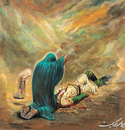 لحظه‌ای نمادین از شهادت امام حسین(ع) بر بوم نقاشی حسین خسروجردی