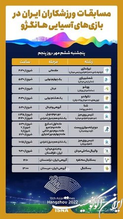 برنامه روز پنجم ورزشکاران ایران در بازیهای آسیایی هانگژو