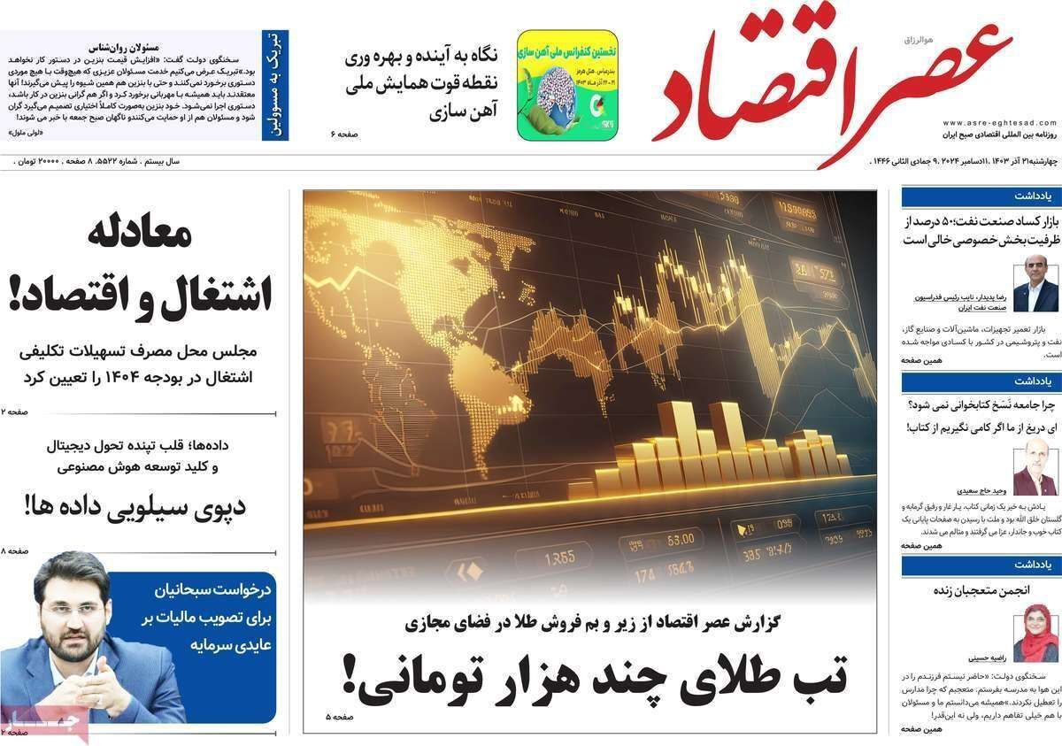 مروری بر سرتیتر روزنامه‌های کشور و مهم‌ترین تیترهای اقتصادی؛ امروز ۲۱ آذر ۱۴۰۳