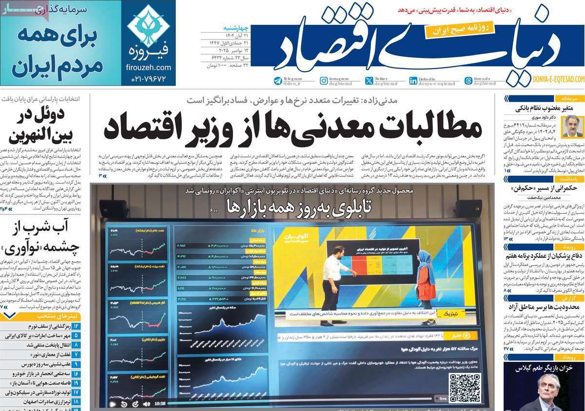مروری بر سرتیتر روزنامه‌های کشور و مهم‌ترین تیترهای اقتصادی؛ امروز ۲۰ آبان ۱۴۰۴